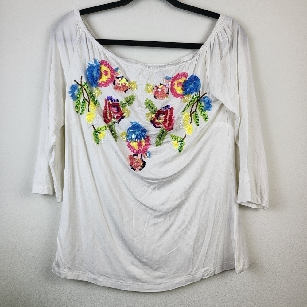 Boston Proper embroidered sequins jersey knit Top Size Small  White NWOT